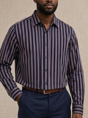 ​Perry Ellis Men's Long Sleeve Button Up Shirt Large Navy Pink Striped.
